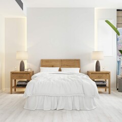 Front View Room With Bed Modern Wooden Night Tables Mockup 2