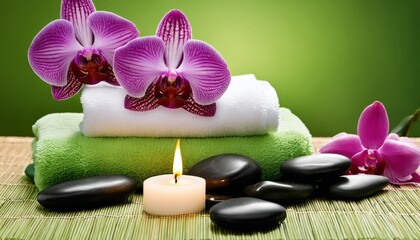 A spa setting with a lit candle, towels, and purple orchids