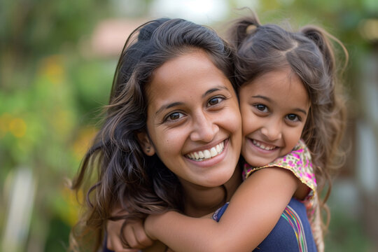 indian mother giving piggyback ride to her daughter bokeh style background