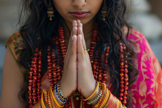 close up picture of indian woman hand praying bokeh style background