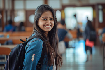 female indian student at the school on the bokeh style background