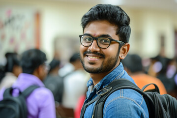 male indian student at the school on the bokeh style background