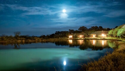 Obraz premium Night view with houses with burning lights and moon.