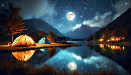 Night view with camping atmosphere in nature and the moon.