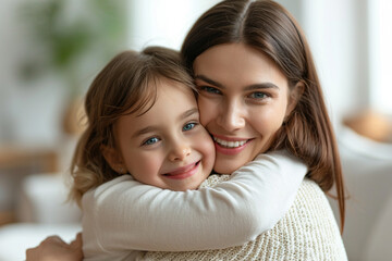 mother and daughter cuddling together bokeh style background