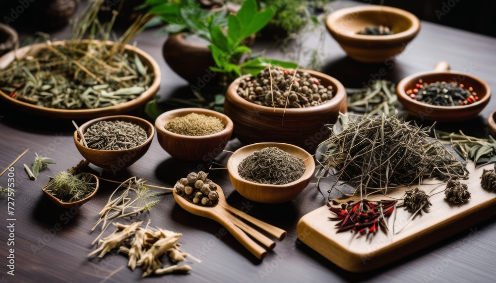 Poster A variety of herbs and spices in wooden bowls