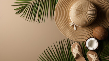 Top view hat straw sandals and coconut on sand texture background, Minimal fashion summer holiday concept. Flat lay - obrazy, fototapety, plakaty