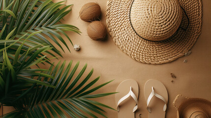 Fototapeta na wymiar Top view hat straw sandals and coconut on sand texture background, Minimal fashion summer holiday concept. Flat lay