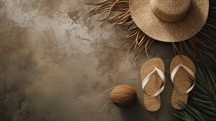 Poster Top view summer background hat straw sandals and coconut, Minimal fashion holiday concept. Flat lay © Black Pig