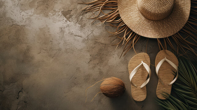 Top view summer background hat straw sandals and coconut, Minimal fashion holiday concept. Flat lay