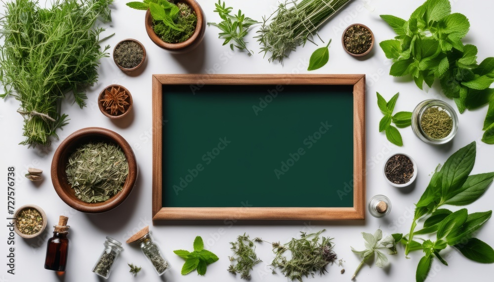 Poster A variety of herbs and spices are arranged on a table