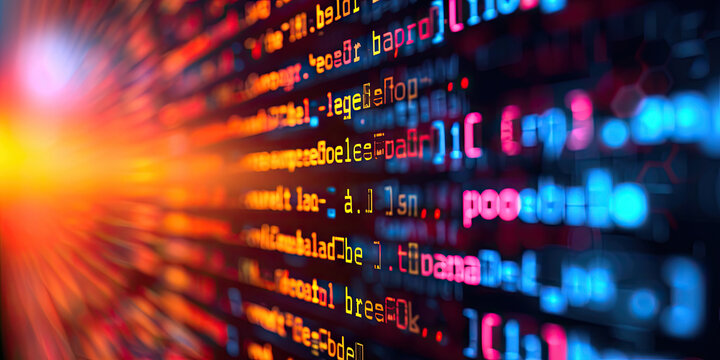 Close up computer screen with Programming code abstract technology background, software developer ,technology, data analysis, finance, and digital information concepts.Computer script
