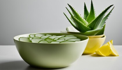 White bowls with green designs on a table