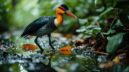 Wattled Jacana (Jacana jacana) walks on leaves reflected in the water. natural green background