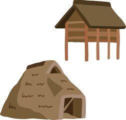 竪穴式住居と高床式倉庫　シンプルイラストセット