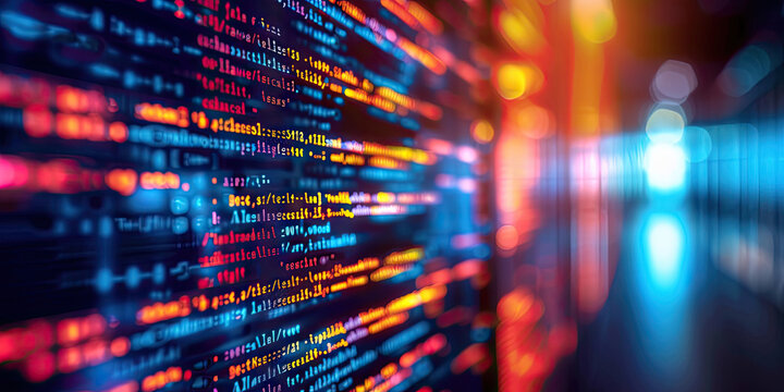 Close up computer screen with Programming code abstract technology background, software developer ,technology, data analysis, finance, and digital information concepts.Computer script