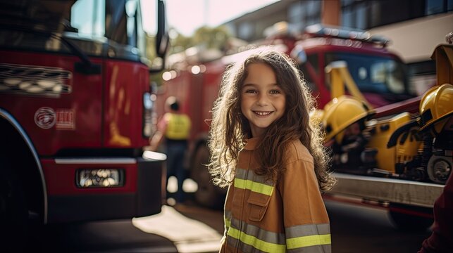 Smiling girl wearing a firefighter uniform