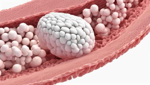 A white ball is surrounded by red and pink cells - Powered by Adobe