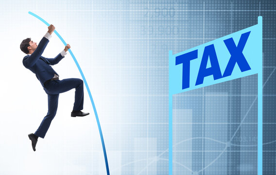 The businessman jumping over tax in tax evasion avoidance concep