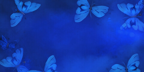 Fototapeta na wymiar Blue rich deep background with butterflies. Background with butterflies.Background,wallpaper,template with beautiful butterflies. Minimalistic background with butterflies.
