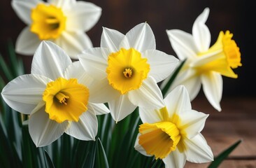 Fototapeta premium flowers close-up,Spring flowers,daffodils on blue background,five flowers and green leaves