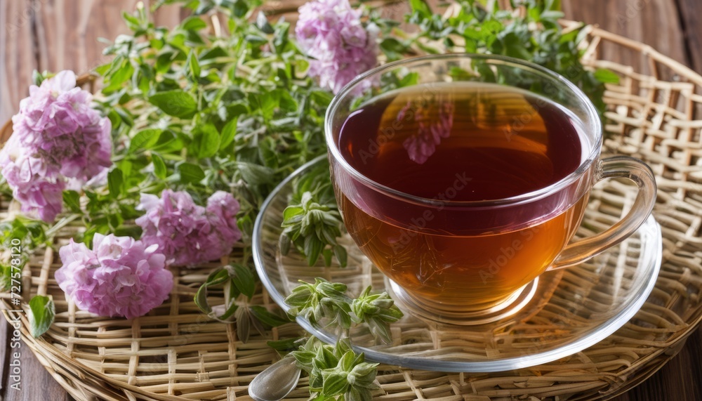 Poster A cup of tea with a wicker basket of flowers