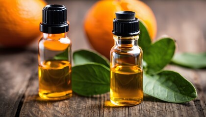 Two bottles of orange oil on a wooden table