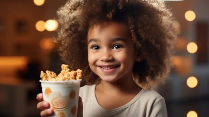 Naklejka premium Little girl happy brink sugar milk glass for breakfast