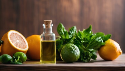 A bottle of oil sits next to oranges and limes