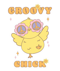 Cute Groovy Easter Chick wears star glasses. Playful cartoon doodle animal character hand drawing.