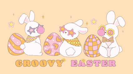 Obraz premium Groovy Easter bunny with disco retro eggs banner