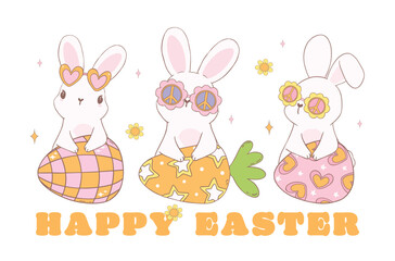 Obraz na płótnie Canvas Groovy Easter, group of retro bunny with disco retro eggs. 
