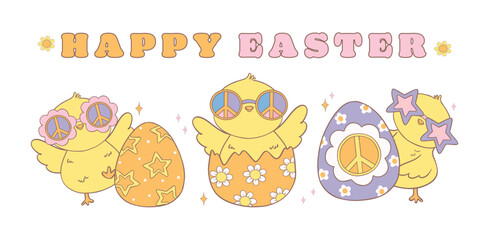 Groovy Easter Chicks with Retro Easter eggs banner. Playful cartoon doodle animal character hand drawing.