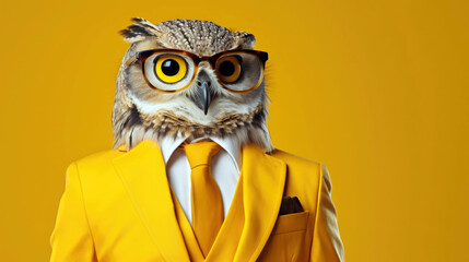 Whimsical Wisdom: Anthropomorphic Owl in Elegant Regalia, Strikes a Confident Pose, Ample Copy Space