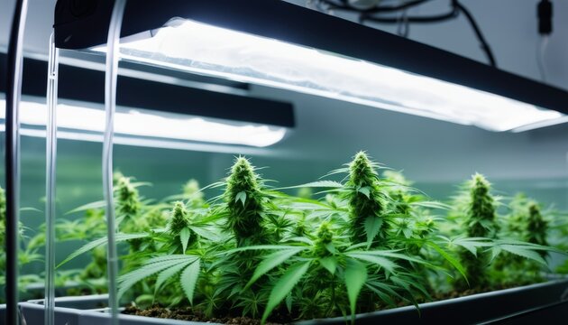 A group of marijuana plants growing under lights