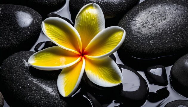 A yellow flower with white petals sits on a rock in water