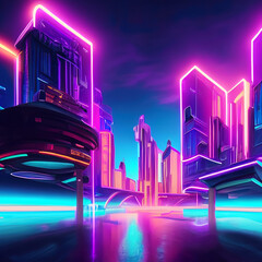 Futuristic city in neon lights.Beautiful futuristic abstract city. Buildings with neon lights and lines. Eco futuristic and cyberpunk