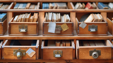 Obraz na płótnie Canvas a view of wooden drawers files in an office, for projects related to corporate organization, administrative tasks, and the importance of a well-managed office environment