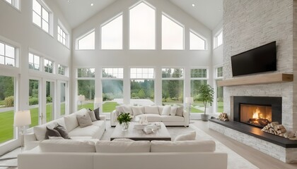 beautiful elegant white and black decor in living room with fireplace - obrazy, fototapety, plakaty