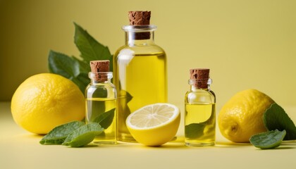 Three bottles of lemon oil with lemons and leaves