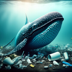 Ocean Pollution. Debris in the ocean. Whales in the garbage. Whales are suffering from garbage in the ocean.Pollution problem. Water pollution. Ecological disaster.Garbage on the ocean floor. Garbage 