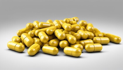 A pile of yellow pills on a white background