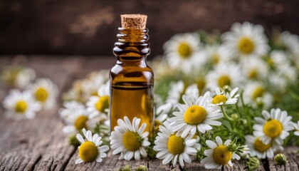 A bottle of oil with flowers on top