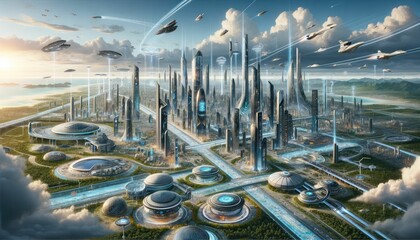 Futuristic Cityscape with Advanced Technology and Neon Lights - obrazy, fototapety, plakaty
