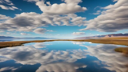 A surreal reflection of clouds in the mirrored surface of a calm lake