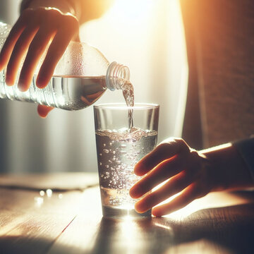 Woman pouring water from a bottle into a glass. Selective focus.