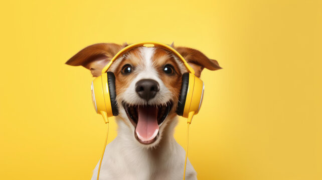 Laughing Dog Jack Russell in the headphones listens to music.
