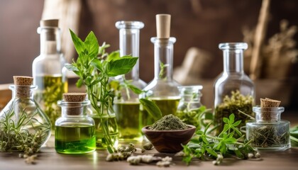 Obraz na płótnie Canvas Various herbs and oils in glass bottles on a table