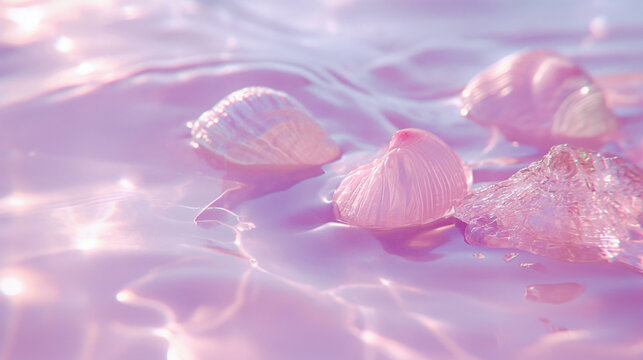 pink shells floating in a pool of water, in the style y2k aesthetic