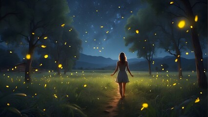 A girl walking  in the forest, The mesmerizing dance of fireflies illuminating a quiet countryside night